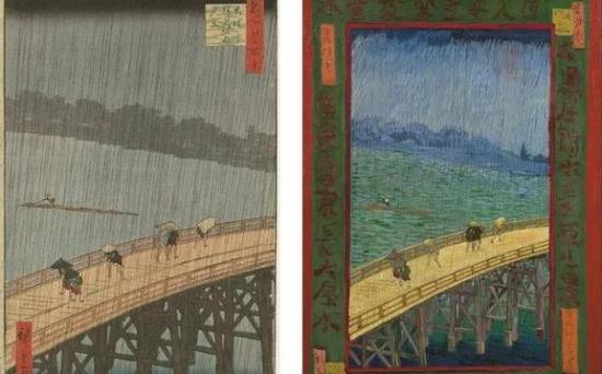 （左）大桥骤雨，（右）梵高作品