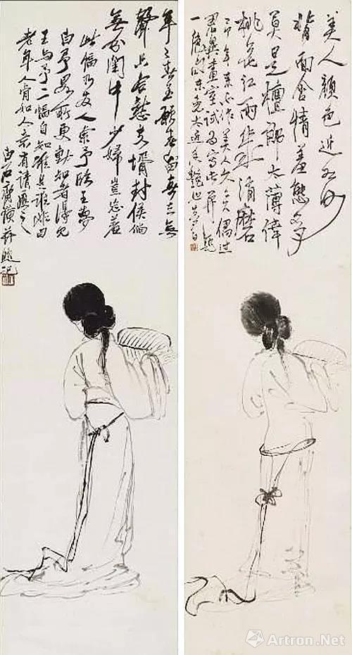 齐白石《仕女图》(左)和王梦白《仕女图》(右)