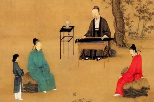 宋徽宗绘《听琴图》,中间弹琴者为宋徽宗,坐在右侧听琴者为蔡京