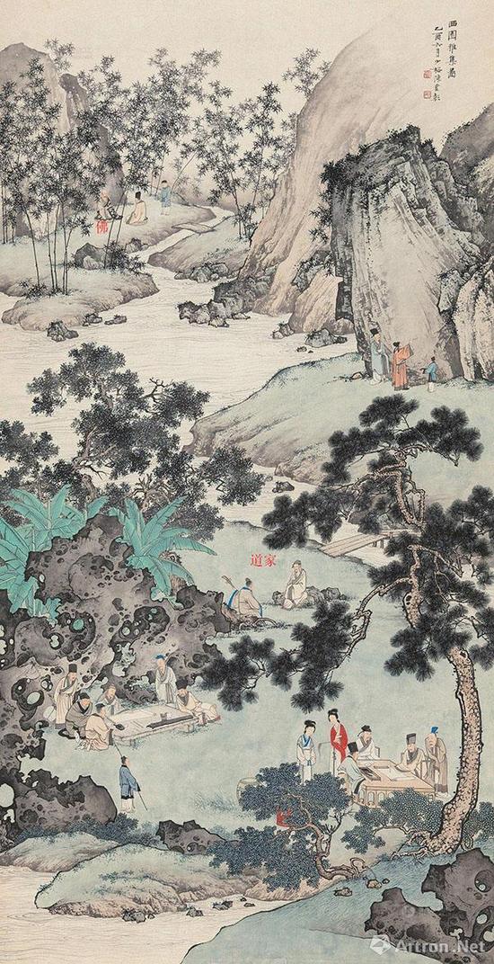 画中赋诗、作画三组代表儒家、弹琴代表了道家,问道代表了佛家,画中蕴含着儒释道的思想和精神,这正是南宗文人画所追求的意境