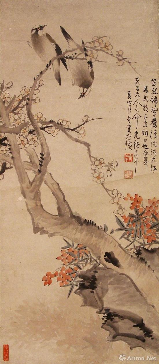 齐白石《梅花天竹白头鸟图》   91cm×39.6cm  清光绪十九年（1893年）  辽宁省博物馆藏