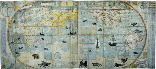 坤舆万国全图 明（1608年）， 纵168厘米， 横382厘米