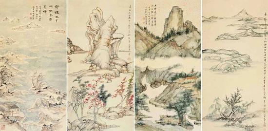 饶宗颐《晚明诸家笔意四时山水四条屏》,1992年