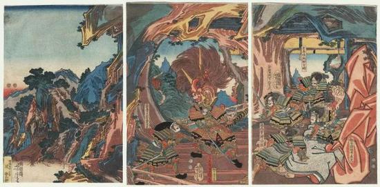 Raiko and His Men Killing the Shuten-doji | 歌川芳虎 | 初版浮世绘 | 36cm x 74cm | 1847-1852