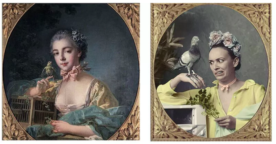 左：弗朗索瓦·布歇（Francois Boucher），《玛丽-艾米丽·柏多恩肖像画》（Portrait de Marie-Emelie Baudoin， 1760）；右：Audrey Pirault（@audrey.pirault）在2016年巴黎博物馆邀请Instagram网红再创造名画的活动中模仿布歇画创作的作品