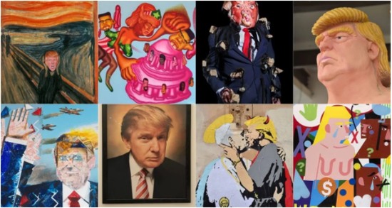 左起：Peter Saul，《变身为神奇女侠的特朗普总统，统一美国和火箭人对抗》（President Trump Becomes a Wonder Woman，Unifies the Country and Fights Rocket Man），2017；James Ostrer，《情感下载 213M 》（Emotion Download 213M），2016。图片：courtesy of James Ostrer；2016年10月17日，加州比弗利山的Julien拍卖行展厅内，一尊唐纳德·特朗普的裸体雕像。图片：by Alberto E.Rodriguez/Getty Images；Barnaby Furnas，《集会》（The Rally，2017-18）。图片：courtesy of the aritst；Andres Serrano&#39；s Trump （2004）；艺术家TvBoy创作的壁画；Nina Chanel Abney，《警察》（Cop， 2017）