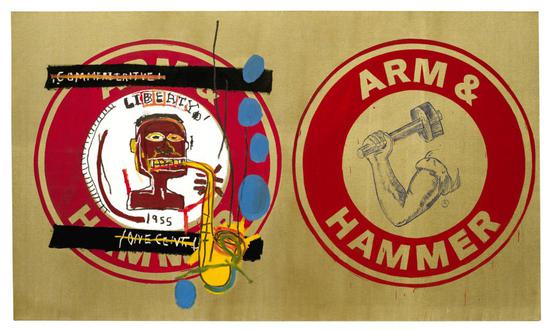 让-米歇尔·巴斯奎亚和安迪·沃霍尔，《Arm and Hammer II》，1984。图片：Guarded by Bischofberger，Männedorf-Zurich，Switzerland，© VG Bild-Kunst Bonn，2018 &amp; The Estate of Jean-Michel Basquiat，Licensed by Artestar，New York，Courtesy Galerie Bruno Bischofberger，Männedorf-Zurich，Switzerland