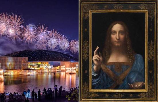 阿布扎比卢浮宫。图片：脸书。（右），列奥纳多-达-芬奇 《救世主》