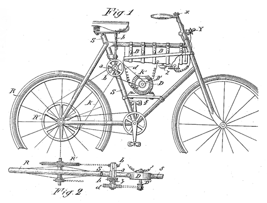 ▲1900年，阿尔伯特·汉森（Aebert Hansel），中置后驱电单车