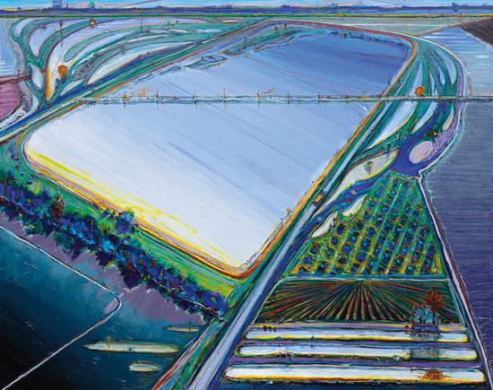 韦恩·第伯, 《Flood Waters》, 2006/13,布面油画,48 x 60 英寸(121.9 x 152.4 cm),私人收藏。图片: ? WayneThiebaud / Licensed by VAGA,New York,NY