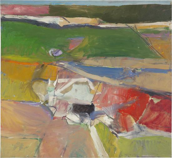 理查·迪本科恩，《Berkeley #44》，1955，布面油画，59 x 64 英寸 （149.9 x 162.6 cm）， 私人收藏。图片： © Richard Diebenkorn Foundation