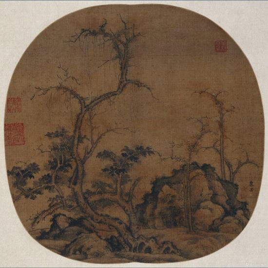 曹知白 《石树图团扇》 绢本淡设色扇面 27.4×27cm  大都会艺术博物馆藏