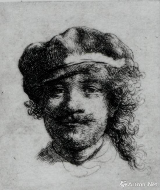 伦勃朗“PORTRAIT OF THE ARTIST AS A YOUNG MAN”,约1633,4.5 x 5 cm
