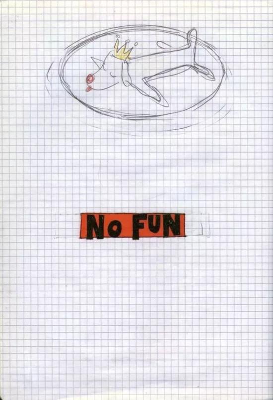 奈良美智 《No Fun“》，1992-2000年，他说，画画就像呼吸一样，常常用当时手边有的铅笔和原子笔画出来