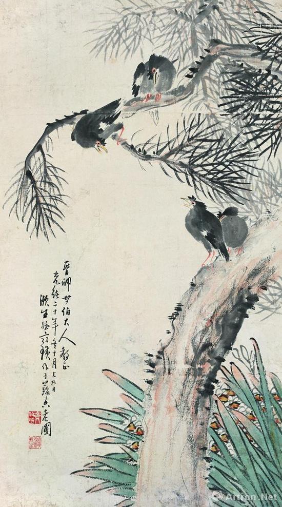 齐白石《八哥水仙》  1894年 纸本设色 85×48cm 北京画院藏