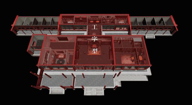 养心殿的建筑平面呈“工”字形,前殿和后殿之间通过穿堂走廊相连接。