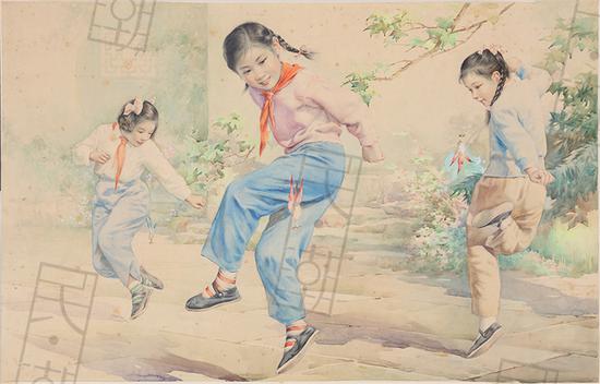 《踢毽子》 金雪尘、李慕白 20世纪50年代 设色纸本 47cm×73.5cm