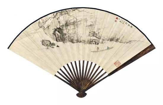 Lot 504 陈少梅(1909-1954) 探梅图 刘雁声(民国) 七言诗七首 成扇 设色纸本 正面:探梅图。戊寅(1938年)五月,少梅写。 钤印:陈、少梅、衡山陈五 尺寸:18.8×50 cm。 约0.85平尺