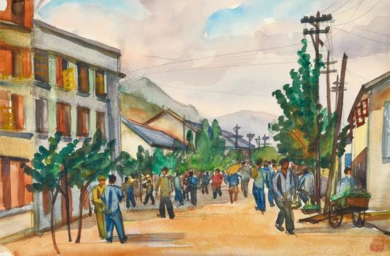 Lot.735 倪贻德 小城街头之一 1940年代末至1950年代初 　　纸本水彩 24×36.3cm。 　　来源：直接征集自画家家属