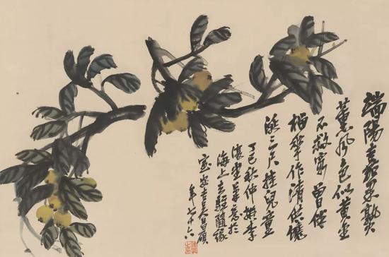 近现代  吴昌硕( 1844-1927)  瑞阳嘉果熟  立轴  设色纸本  43.5cmx66cm