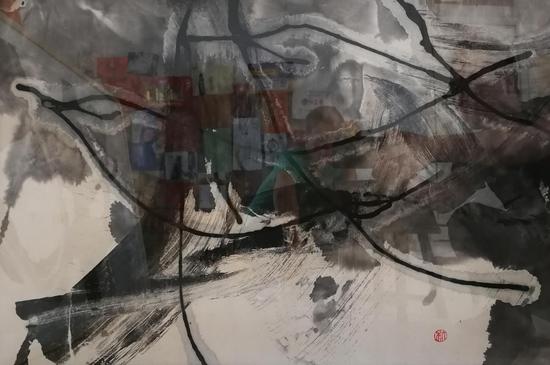 墨魂系列—911· 硝烟中飞来的鸟，当代水墨，纸本，40×60cm，2001年