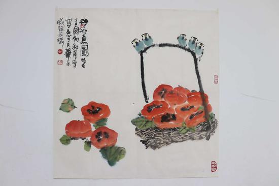 马海方《柿柿如意图》 68×68cm