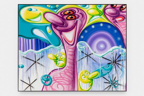 　　肯尼·沙尔夫 KENNY SCHARF，次元 Dimensione, 亚麻布面油画、丙烯、喷漆及哑光铝框 Oil, acrylic and spray paint on linen with powder coated aluminum frame, 121.9 x 152.4 cm, 2020，图片致谢艺术家与阿尔敏·莱希