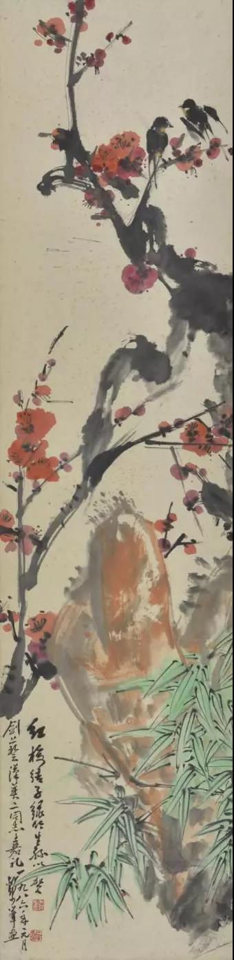 邓少峰 梅花绿竹 尺寸：137×33cm 约4.07平尺 立轴 成交价：13200元