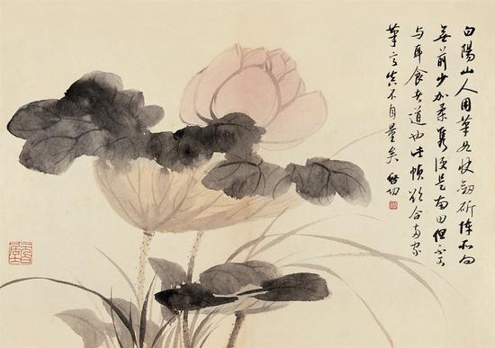 启功 山水花卉册（ 之七） 1945年作 设色纸本 29.5×41.8 cm 款识 白阳山人用笔如快剑斫阵，所向无前，少加柔隽，便是南田，但不可与耳食者道也。此帧欲合两家笔意，真不自量矣。启功。 钤印 启功、元白居士