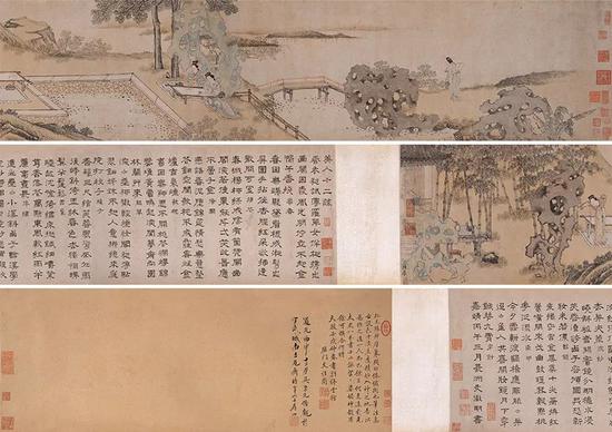 元 明  张渥（约1356前） 文徵明（1470-1559)  十二美人倦绣图  手卷  设色纸本  24cmx140cm