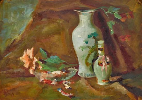 Lot.750 秦宣夫（1906-1998） 观音瓶与花

　　1953年 纸本油画 34×48.5cm。

　　来源：现藏者直接得自画家家属