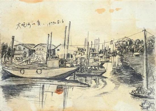 《大观河一角》，20×28cm，纸本铅笔，1973