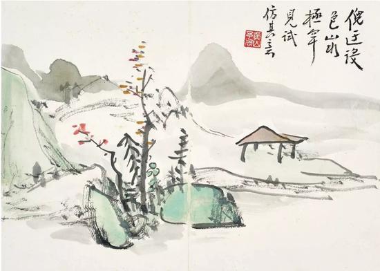 拟倪瓒少见的早年设色山水,意境简远