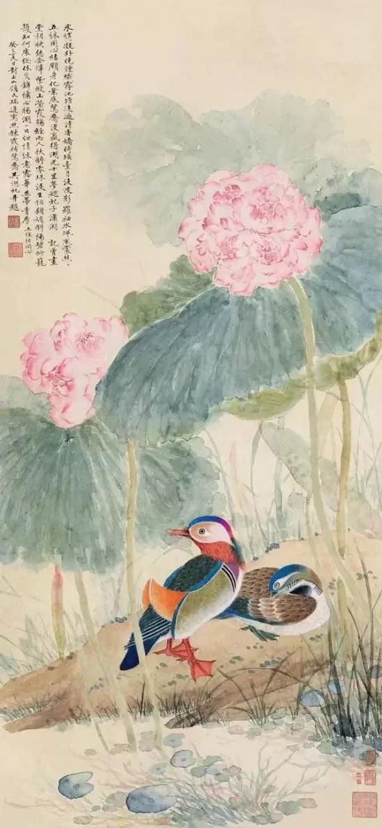 周錬霞、吴湖帆合作画《荷花鸳鸯》