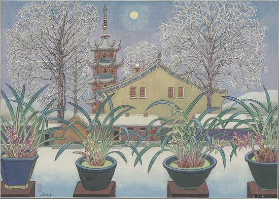 祝大年，兰花风景，63×88，1980年代，工笔重彩
