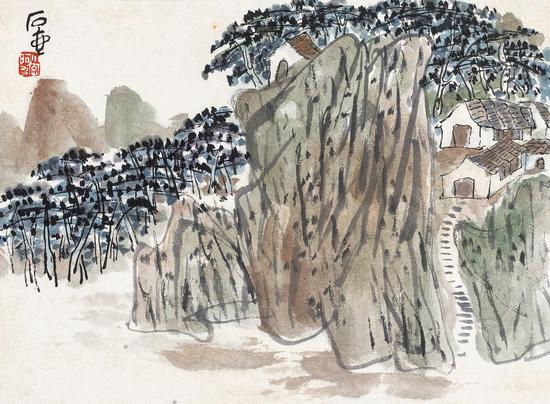 Lot 712  陈子庄（1913-1976）  山居图 纸本镜心  题识：石壶。  钤印：小字阿九   22×29 cm 约0.6平尺    RMB：20，000-30，000