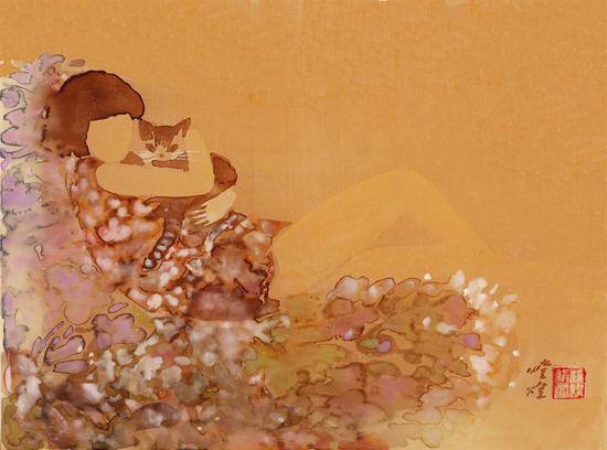 可爱女孩私房猫(之一) 杨缨 绢本设色 30X40cm 2009