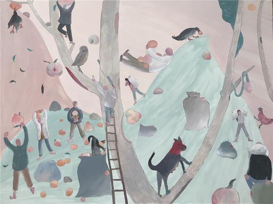 韩修智 拾果子的人 2017 布面丙烯 150x200cm