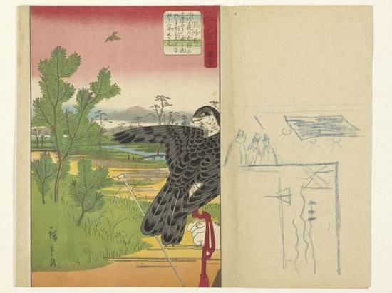 梵高的日本版画作品(草图)。左:在塞纳河的帆船上欣赏到的风景 右:位于蒙马特的一家店面(图片来自英国《每日电讯报》网站)