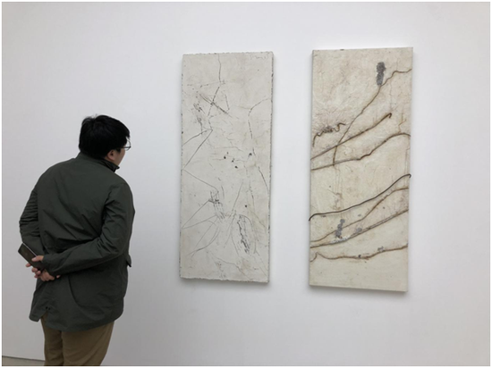 观众正在观看艺术家尚扬的作品《屏白》系列,166×66cm,2013