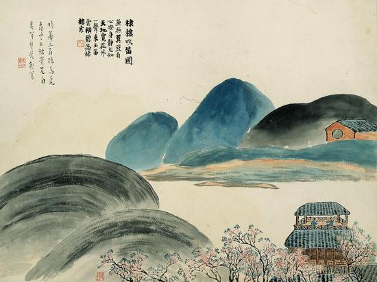 石门二十四景之棣楼吹笛图 齐白石 1910年 34×45.5cm 册页 纸本设色 辽宁省博物馆藏