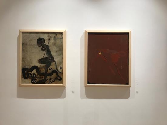 李伦 《行者》90x 70 cm/《觅》90×70cm 木板 布胎 漆灰 金银箔 2011