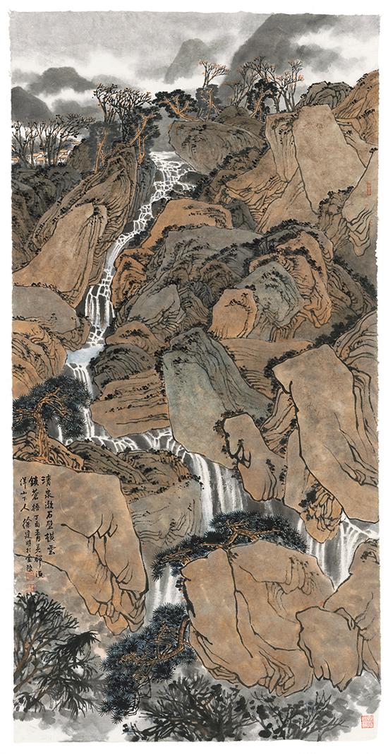 11 徐建明 《清泉漱石壁 横云锁苍梧》 纸本设色 240cm x 120cm 2017年