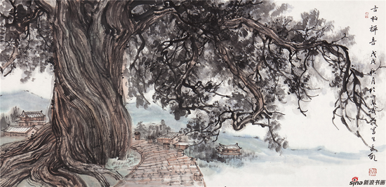 岳泊远 古柏村听蝉鸣 50×100cm 2018