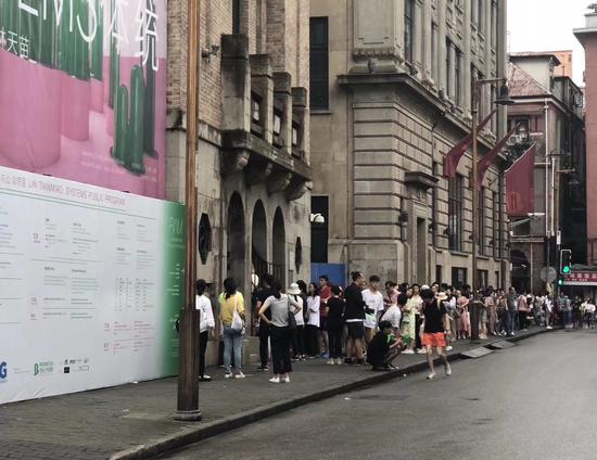 “林天苗:体·统”展览期间排队的观众