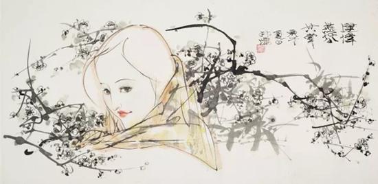 林墉 梅花少女 　　设色纸本 镜片 　　68×135cm 　　成交价：RMB 253，000