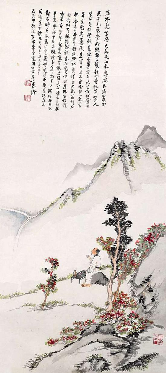 吴灏  看山图 　　镜片  设色绢本 　　91×41cm