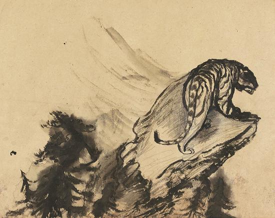 崖上虎 李铁夫 纸本水墨 32.4cm×40.7cm 1930—1940年代 广州美术学院美术馆藏