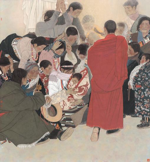 孙震生 《受洗日》皮纸矿物色箔 200x190cm 2014年