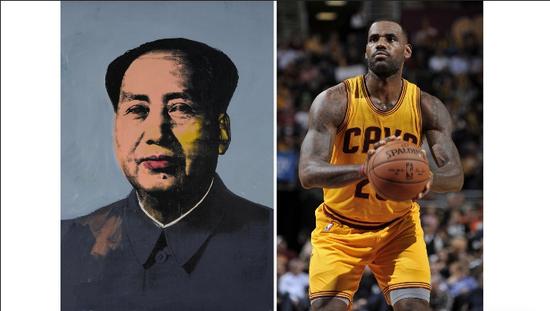 　　左：美国波普艺术大师安迪·沃霍尔的作品《毛泽东》。右：报道称，NBA巨星勒布朗·詹姆斯加盟克里夫兰骑士队的两年合约金即为4700万美元。